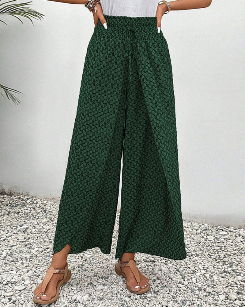 Geometrisch bedrukt elastische broek met wijde pijpen en trekkoord
