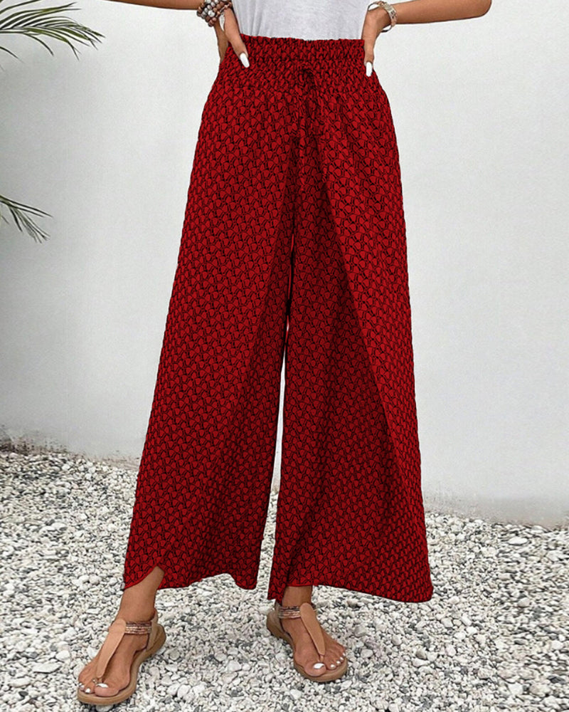 Geometrisch bedrukt elastische broek met wijde pijpen en trekkoord
