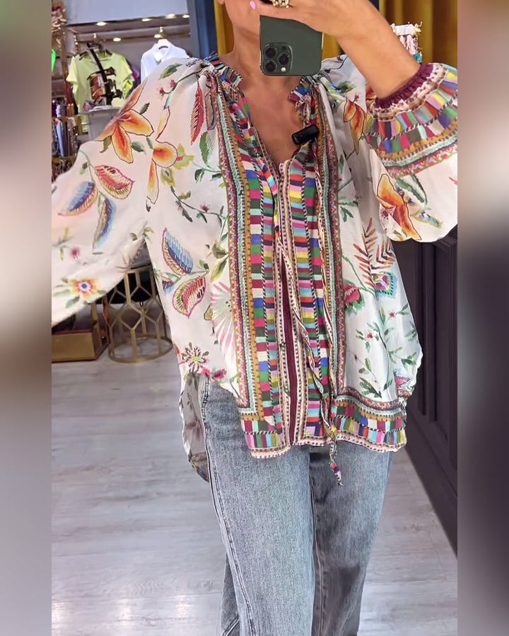 Chic V-Neck Blouse with Trendy Print