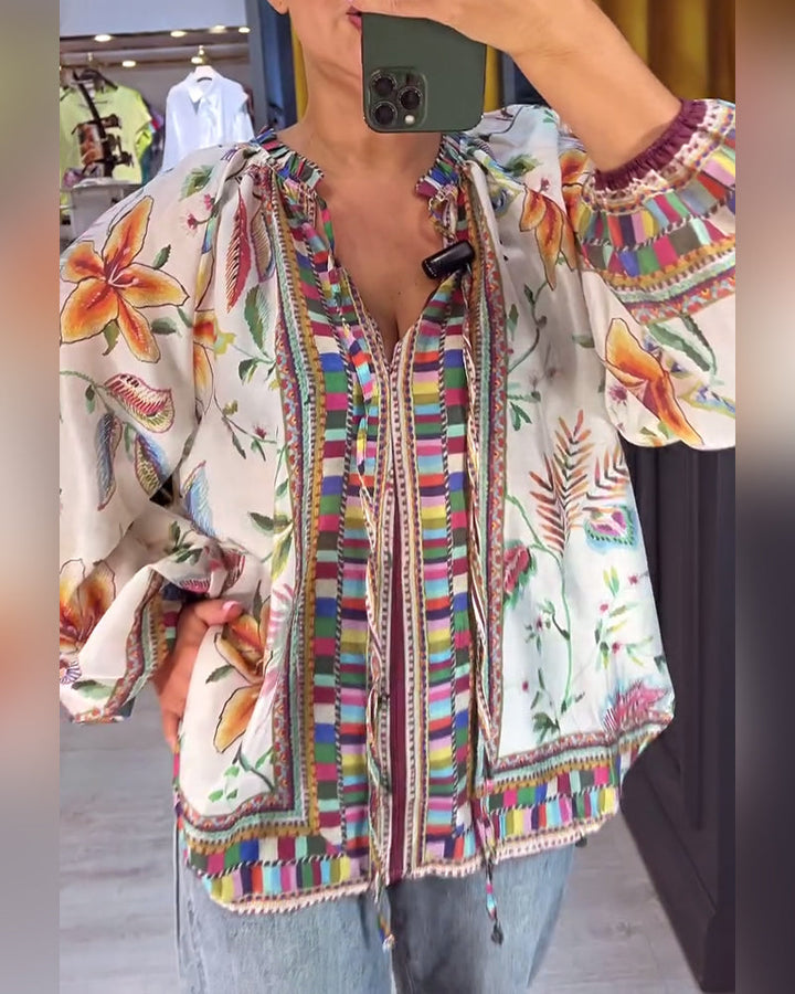 Chic V-Neck Blouse with Trendy Print