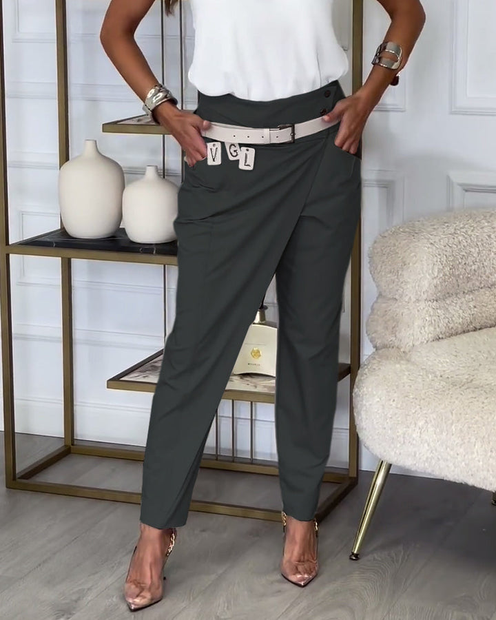 Stijlvolle Effen Broek met Zakjes en Uniek Patchwork Design