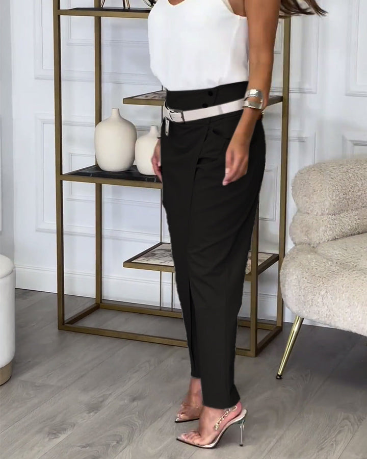 Stijlvolle Effen Broek met Zakjes en Uniek Patchwork Design