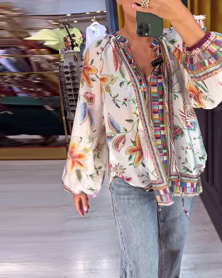 Chic V-Neck Blouse with Trendy Print