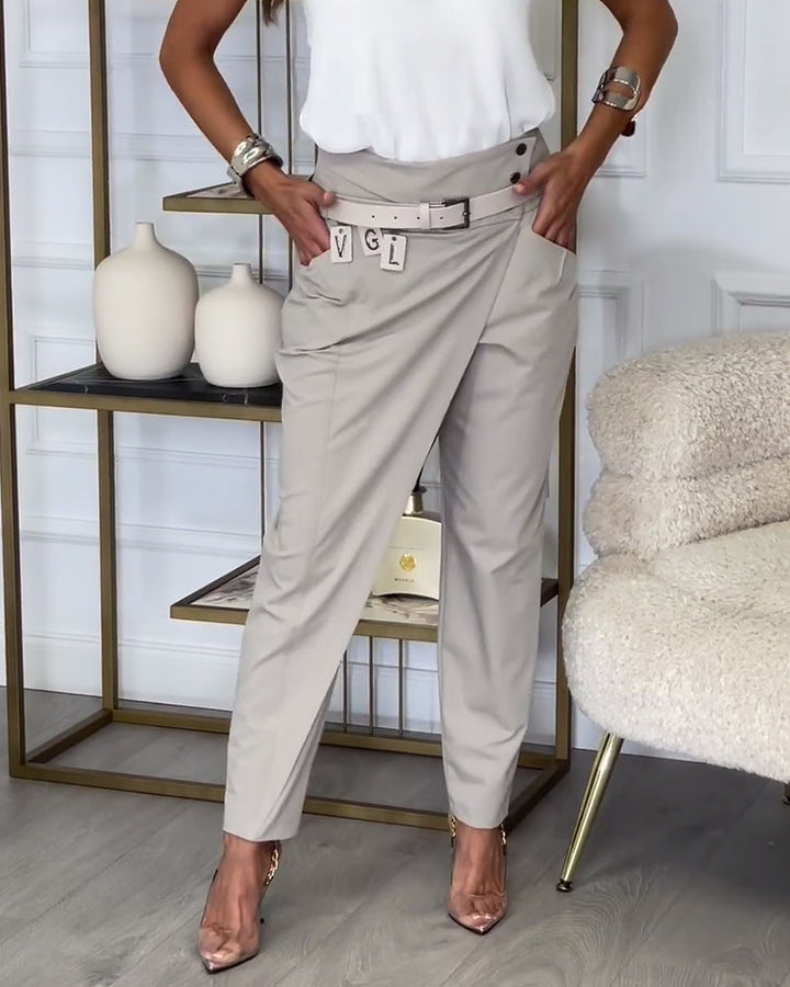 Stijlvolle Effen Broek met Zakjes en Uniek Patchwork Design