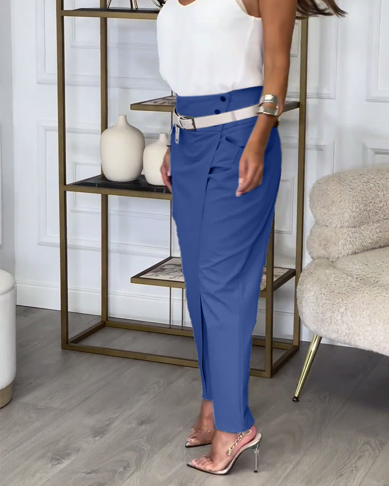 Stijlvolle Effen Broek met Zakjes en Uniek Patchwork Design