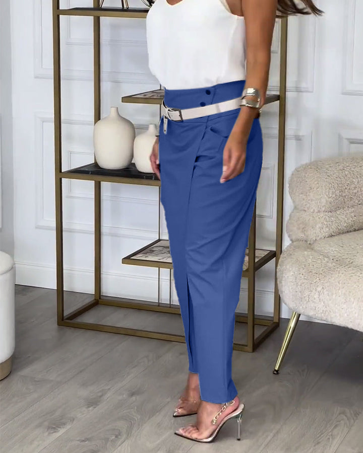 Stijlvolle Effen Broek met Zakjes en Uniek Patchwork Design