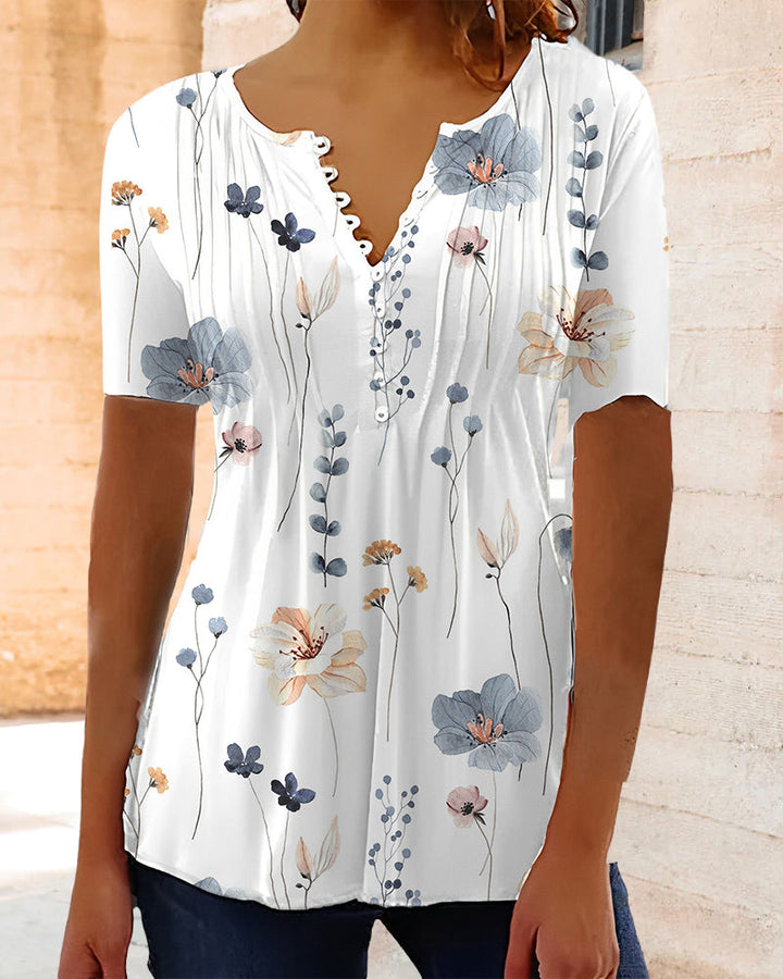Korte Mouw Blouse met V-hals en Knoopsluiting