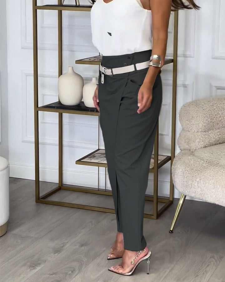 Stijlvolle Effen Broek met Zakjes en Uniek Patchwork Design
