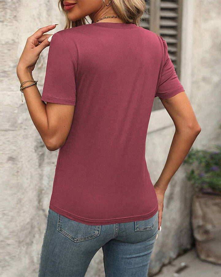 V-hals Korte Mouw T-shirt met Effen Ontwerp