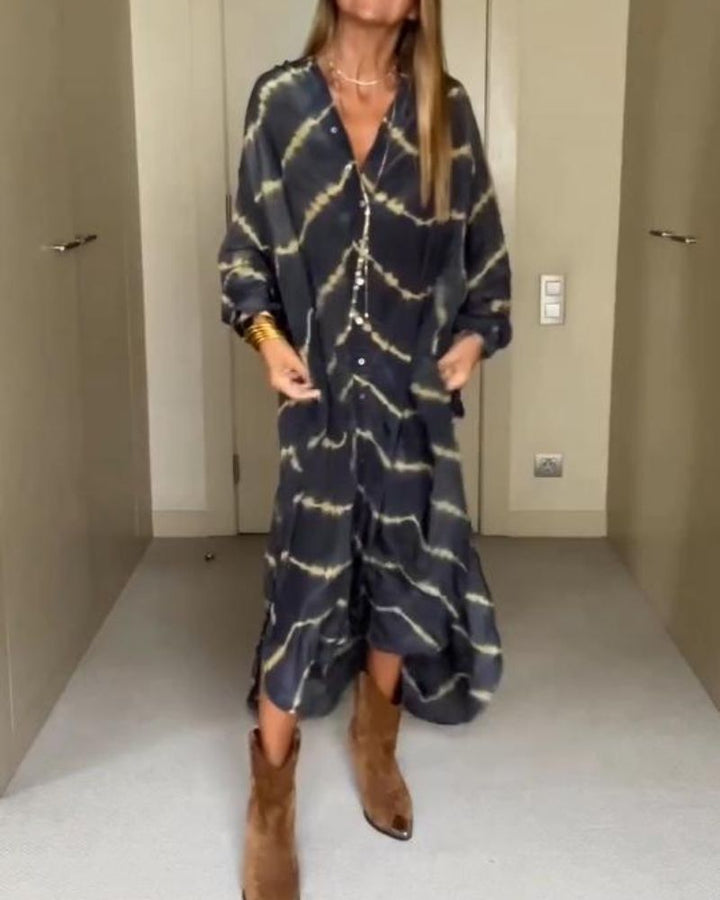 BOMEA - Betoverende Bohemian Maxi Jurk met Strepen en Lange Mouwen