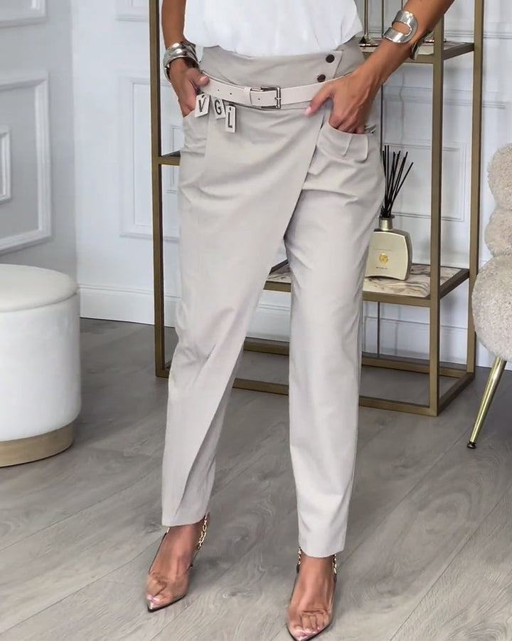 Stijlvolle Effen Broek met Zakjes en Uniek Patchwork Design