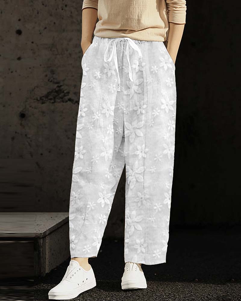 Casual broek met geborduurde bloemen en veters