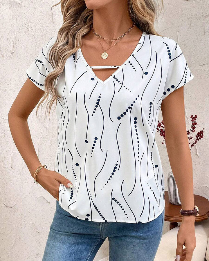 Bedrukte V-Hals Korte Mouw T-Shirt