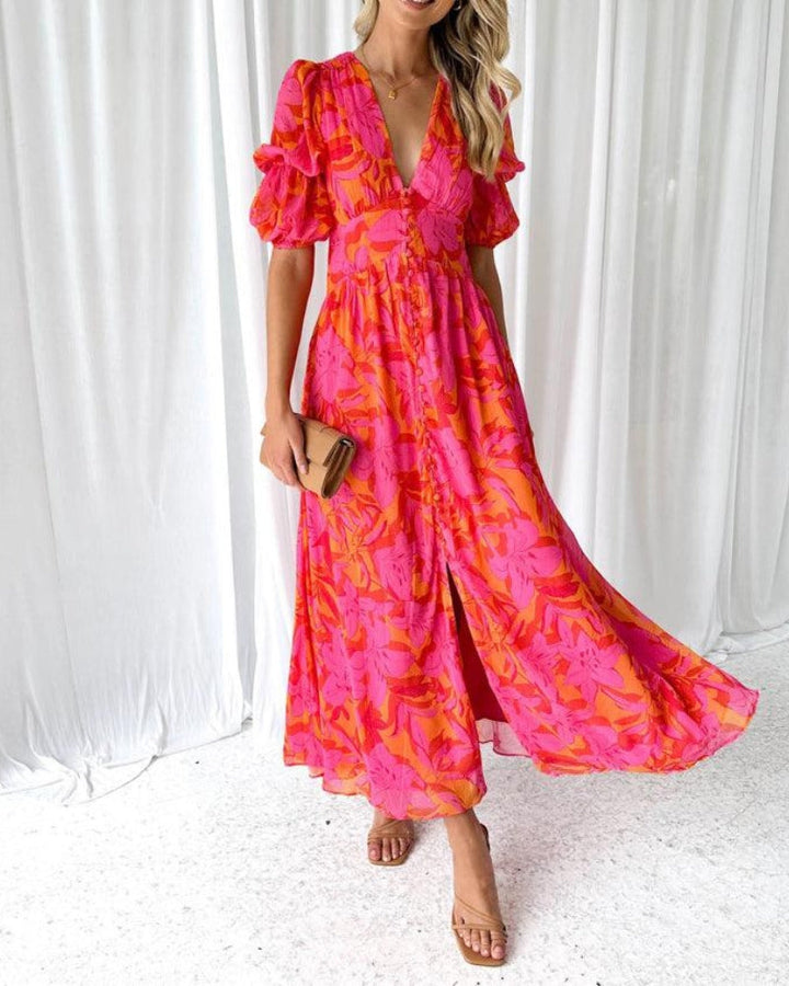 DERANA - Elegante Rode en Roze Maxi Jurk
