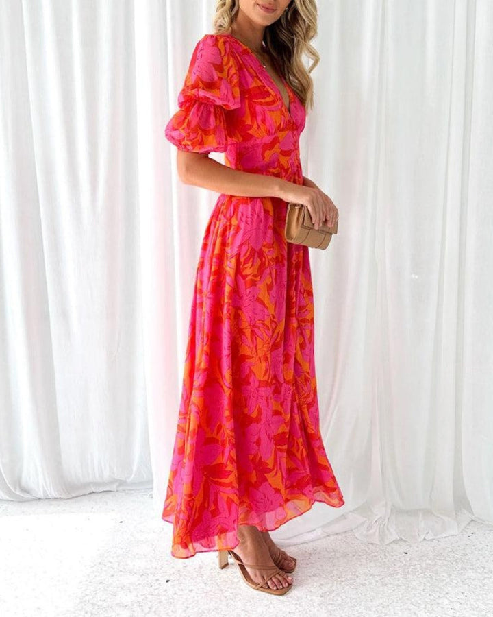 DERANA - Elegante Rode en Roze Maxi Jurk