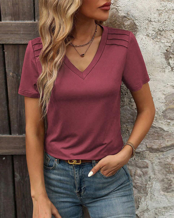 V-hals Korte Mouw T-shirt met Effen Ontwerp