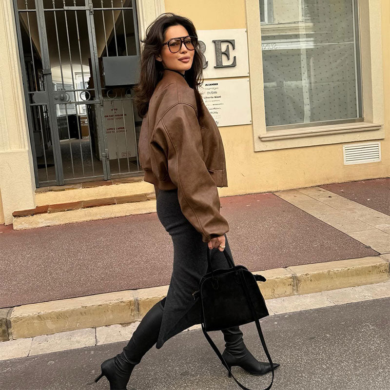 Elegant Raven - Leather Bomber Jacket