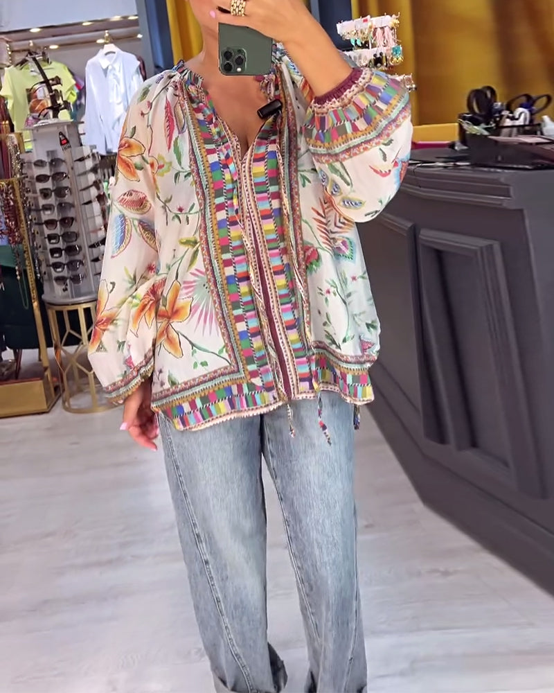 Chic V-Neck Blouse with Trendy Print