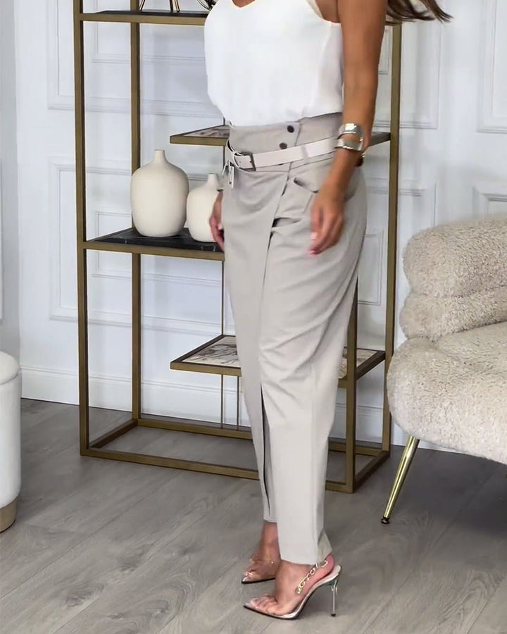 Stijlvolle Effen Broek met Zakjes en Uniek Patchwork Design