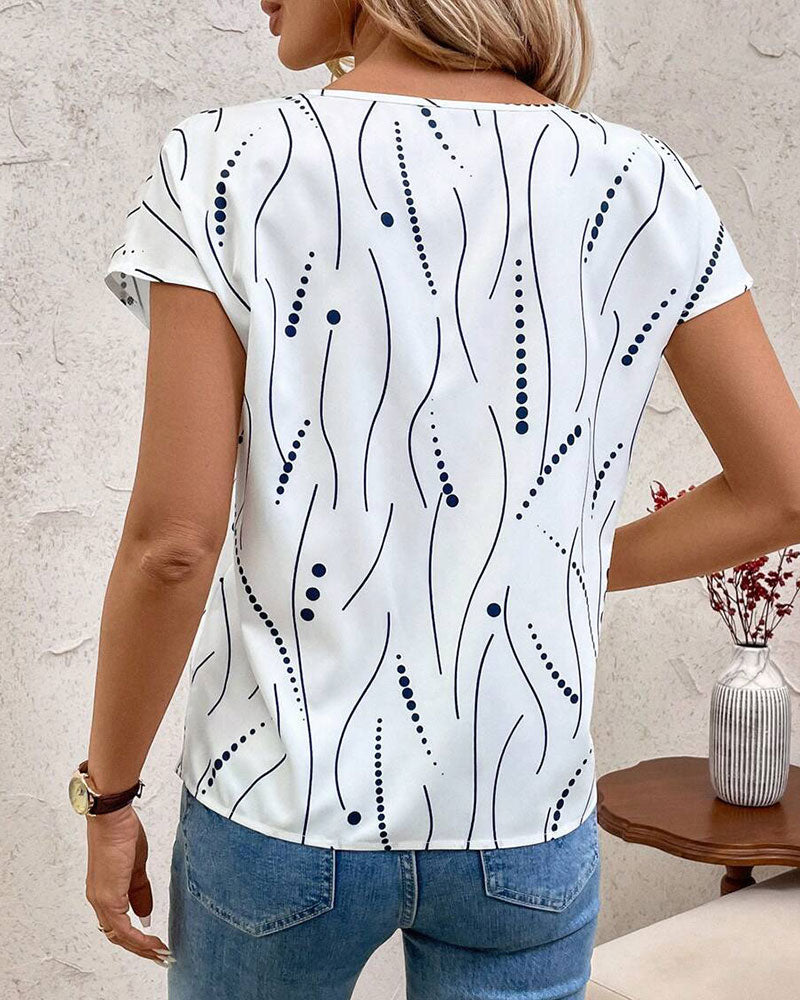 Bedrukte V-Hals Korte Mouw T-Shirt
