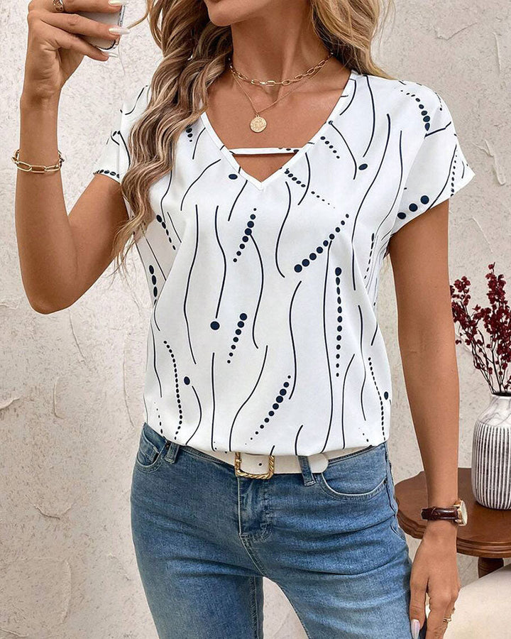 Bedrukte V-Hals Korte Mouw T-Shirt