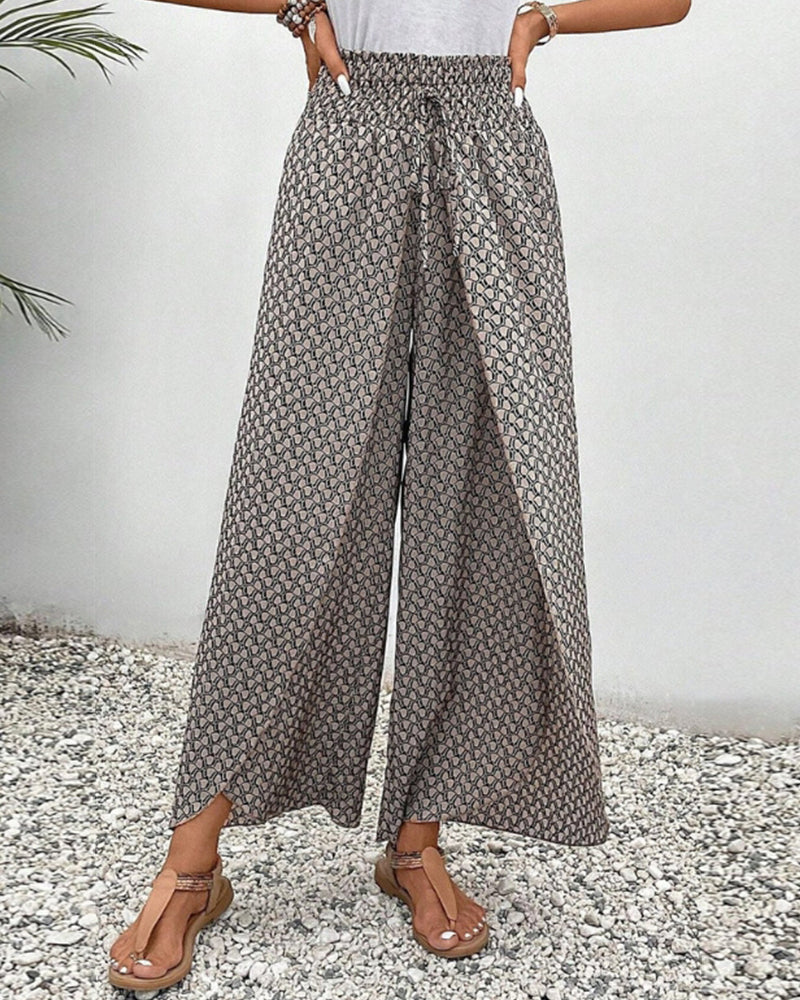 Geometrisch bedrukt elastische broek met wijde pijpen en trekkoord