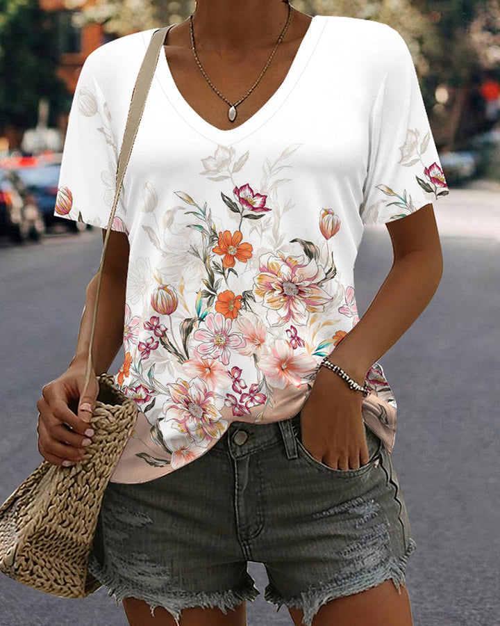 V-Hals Casual Korte Mouw T-Shirt met Print