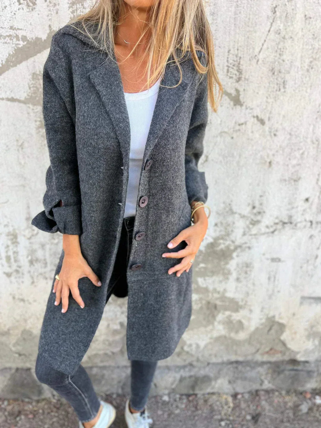Baylea - Stylish Casual Enkelborstig Jas met Wollen Revers